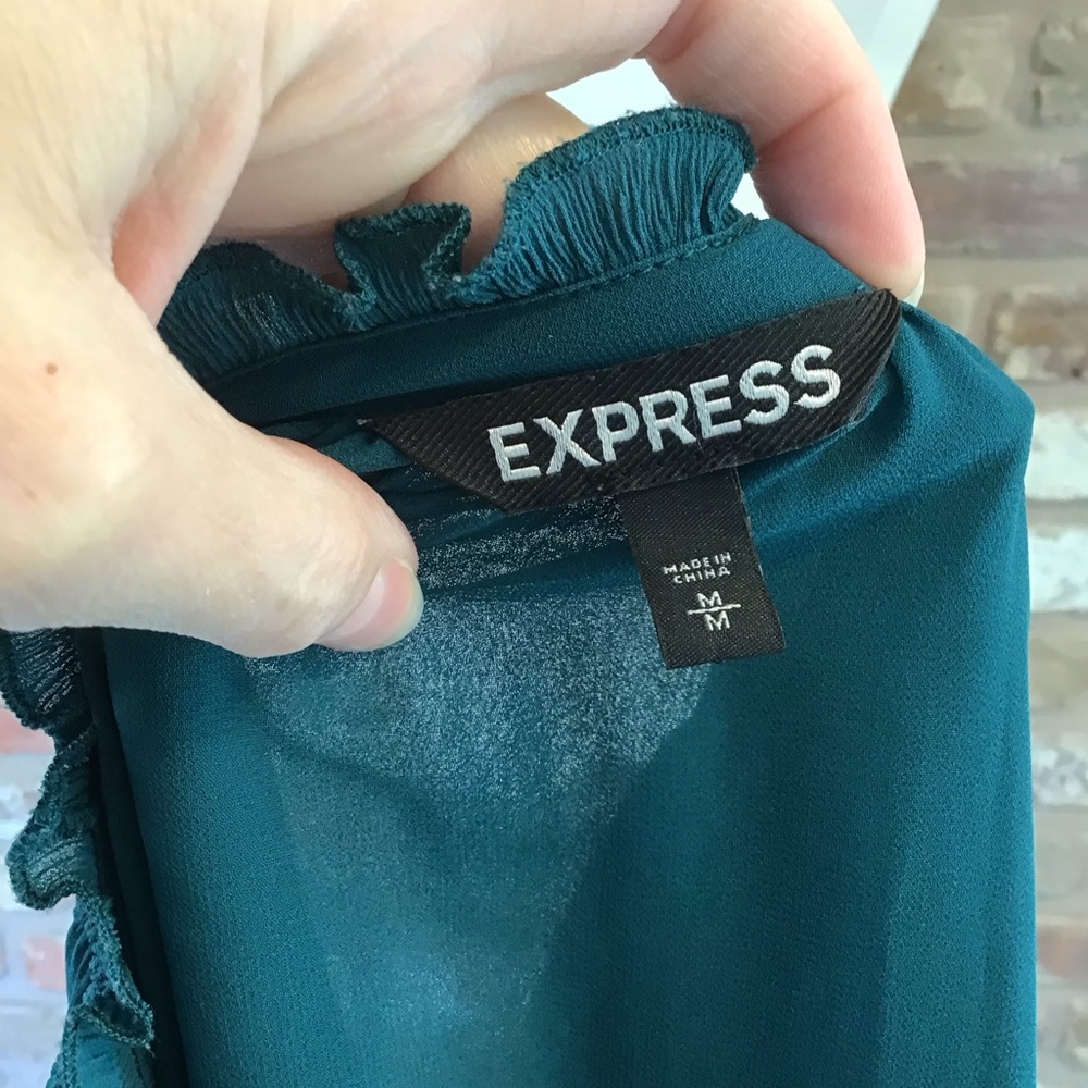 EXPRESS Women's Teal Long Sleeve Peasant Tie V-neck Blouse Top M - Picture 5 of 6